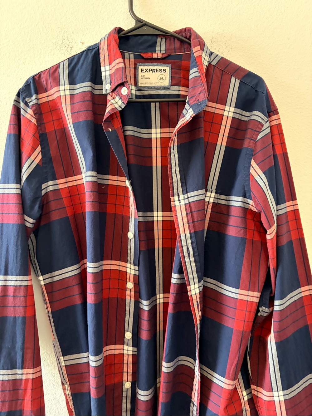 Express Men's Red and Navy Plaid Button-Down Shirt